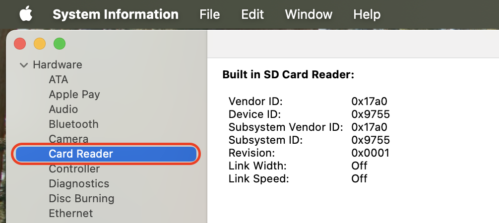 In System Information, click Card Reader or USB in the sidebar, then check the detected devices list for your SD card.