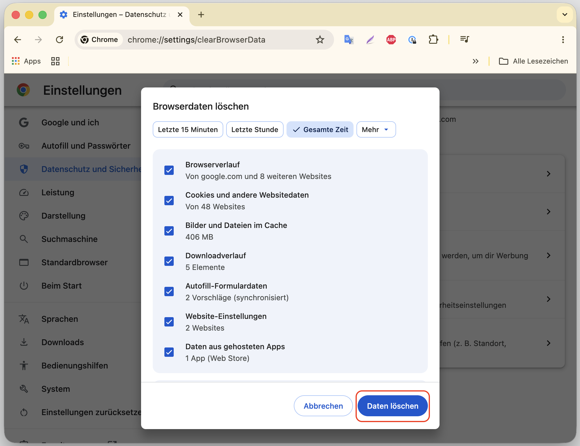 Option Browserdaten löschen in Chrome mit hervorgehobener Option Daten löschen. So setzen Sie Chrome zurück, als Teil einer Anleitung, wie man gefälschte McAfee-Pop-ups auf dem Mac blockieren kann.