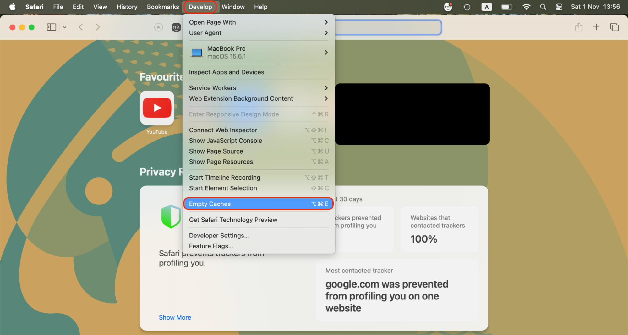 In the top menu bar, click Develop, then select Empty Caches to clear stored website data and refresh Safari's performance instantly.