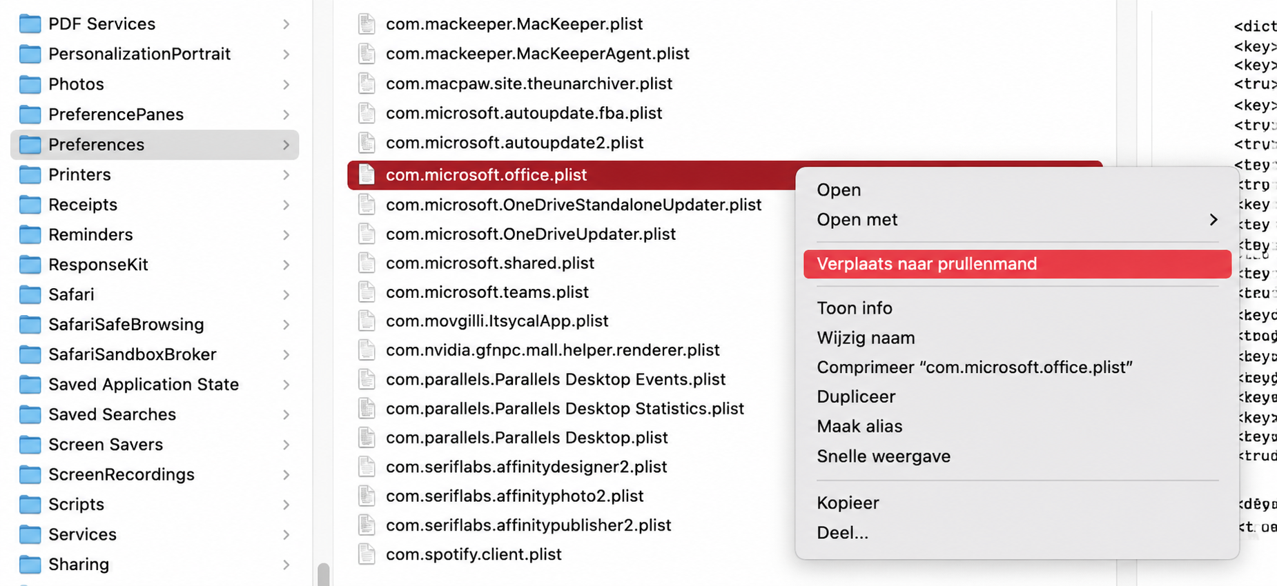 Ga door de inhoud van de map Voorkeuren en zoek naar alles wat gerelateerd is aan Microsoft Word. Verwijder het en probeer Word voor Mac opnieuw.