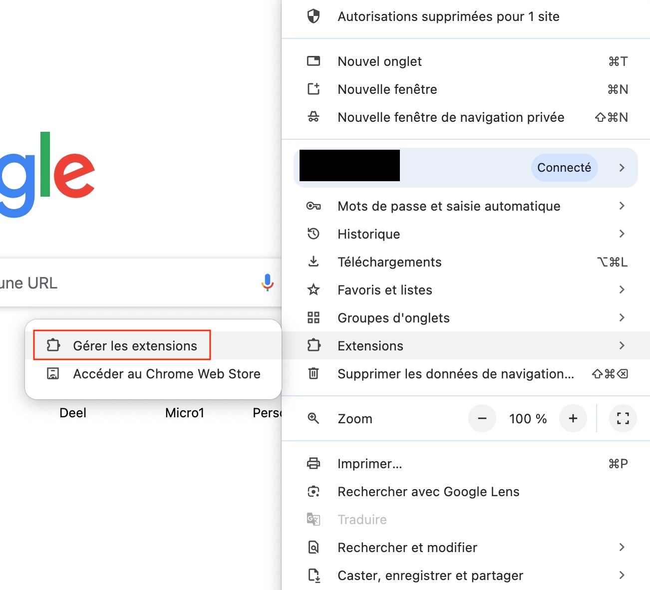 Onglet Plus d’outils dans Google Chrome, proposant de Gérer les extensions pour voir les extensions installées sur votre ordinateur et supprimer le lecteur de musique posant problème. Onglet Plus d’outils dans Google Chrome, proposant de Gérer les extensions pour voir les extensions installées sur votre ordinateur et supprimer le lecteur de musique posant problème.