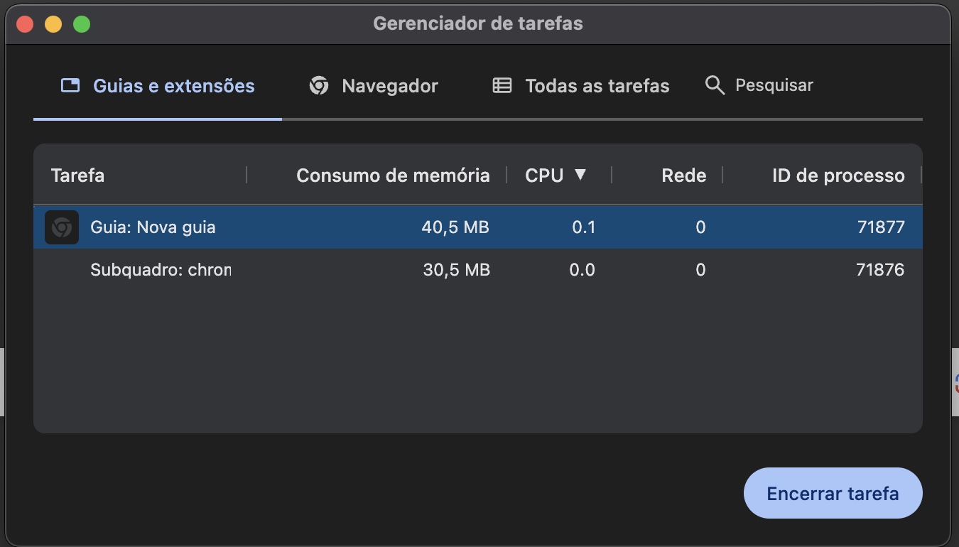 Analise a lista de processos atualmente em execução no Gerenciador de Tarefas do Google Chrome. Se algum estiver consumindo recursos excessivos, selecione-o e clique em Encerrar tarefa.
