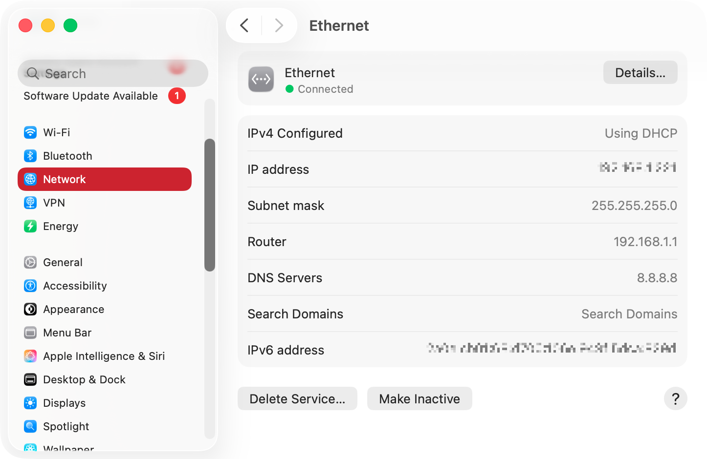 Select your network from your Mac's System Settings, whether you're using Ethernet or Wi-Fi. Click the 'Details' button to proceed.