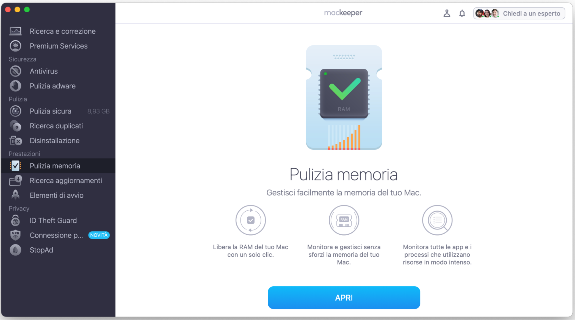 Per liberare la RAM sul Mac, avvia MacKeeper, seleziona Pulizia Memoria dalla barra laterale e poi fai clic su Apri.