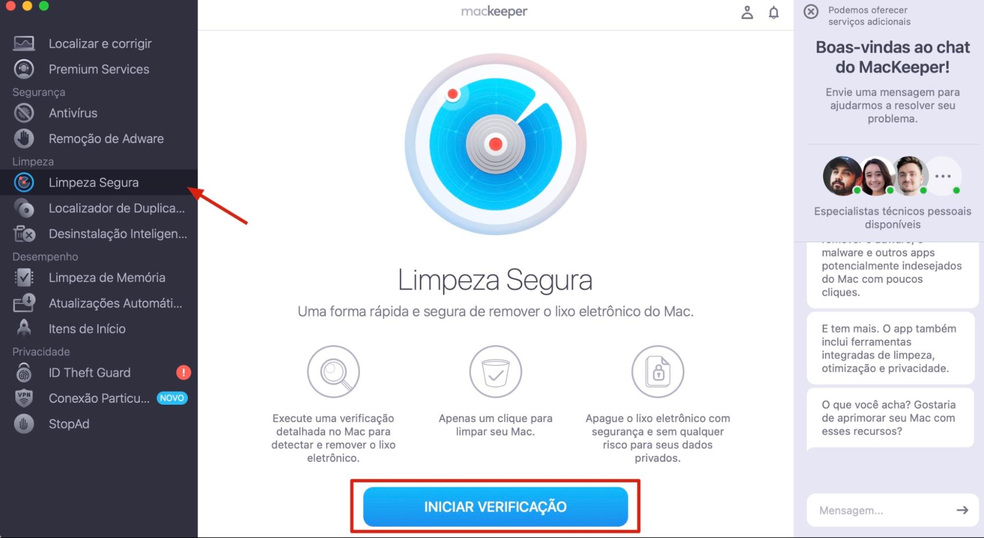 MacKeeper aberto no Mac. A captura de tela do painel do MacKeeper demonstra como escanear seu Mac em busca de arquivos desnecessários no MacKeeper durante a solução de problemas de alto uso de memória do WindowServer.