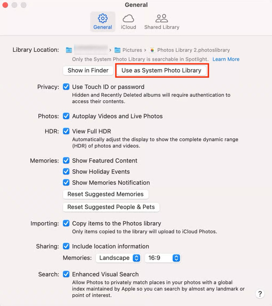 To sync your external library with your Apple devices, choose Use as System Photo Library on your Mac.