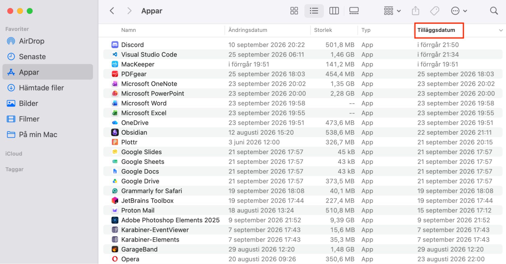 I mappen Appar, klicka på kolumnen Tilläggsdatum för att sortera appar efter det datum de lades till på din Mac