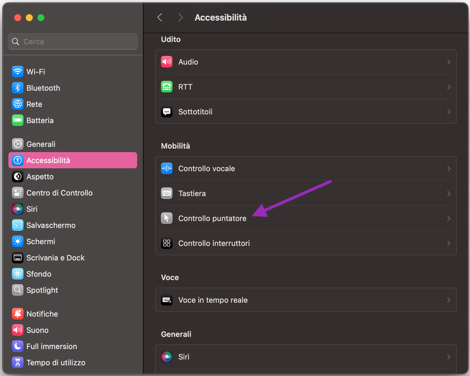 Poi fai clic su Accessibilità > Controllo puntatore: qui trovi tutte le opzioni per personalizzare la direzione dello scorrimento del MacBook, oltre a velocità e tempi.