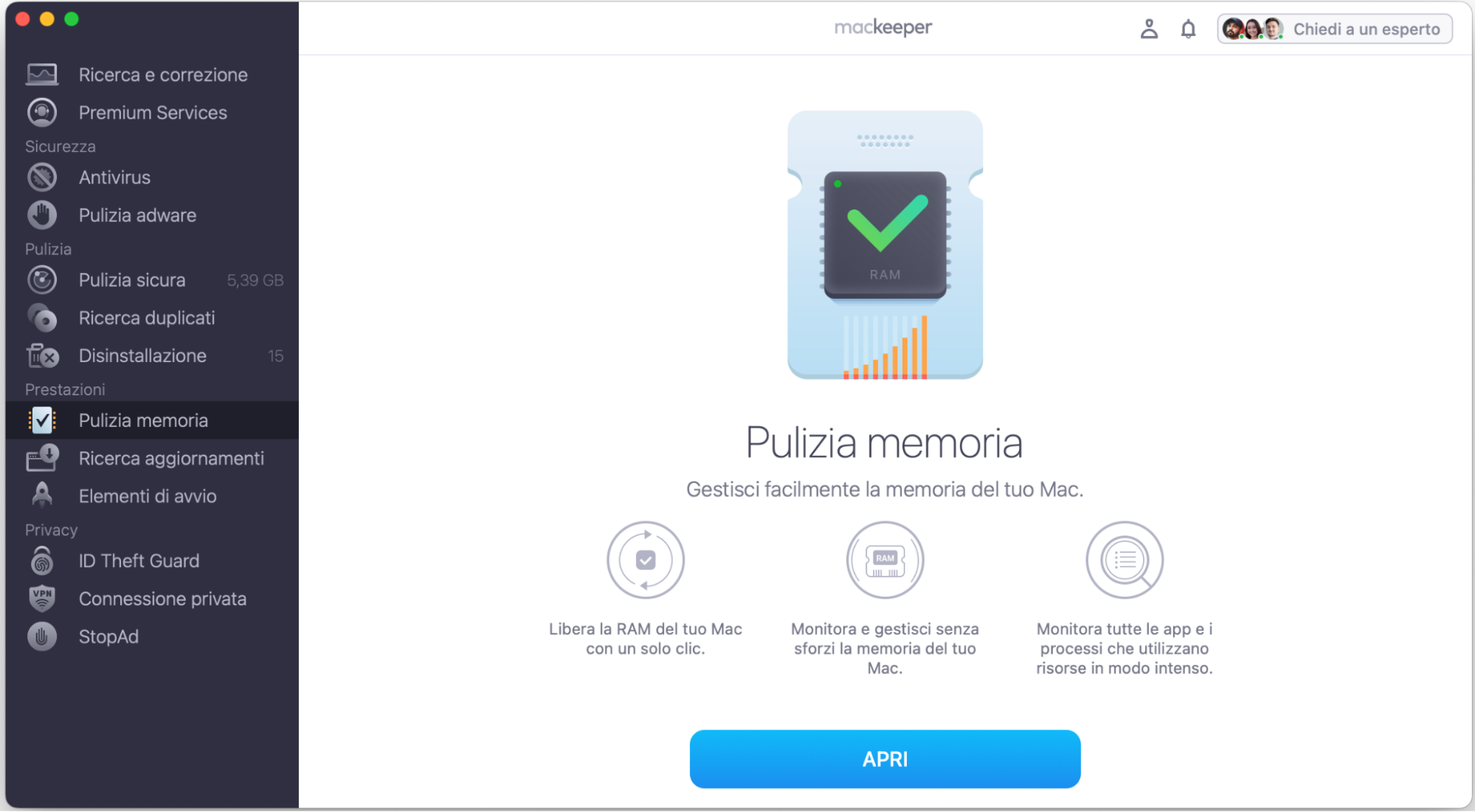 Prima di disattivare la sospensione sul Mac, prova a pulire la RAM con Pulizia memoria di MacKeeper. Apri la nostra app, scegli la funzione corrispondente e clicca su Apri.