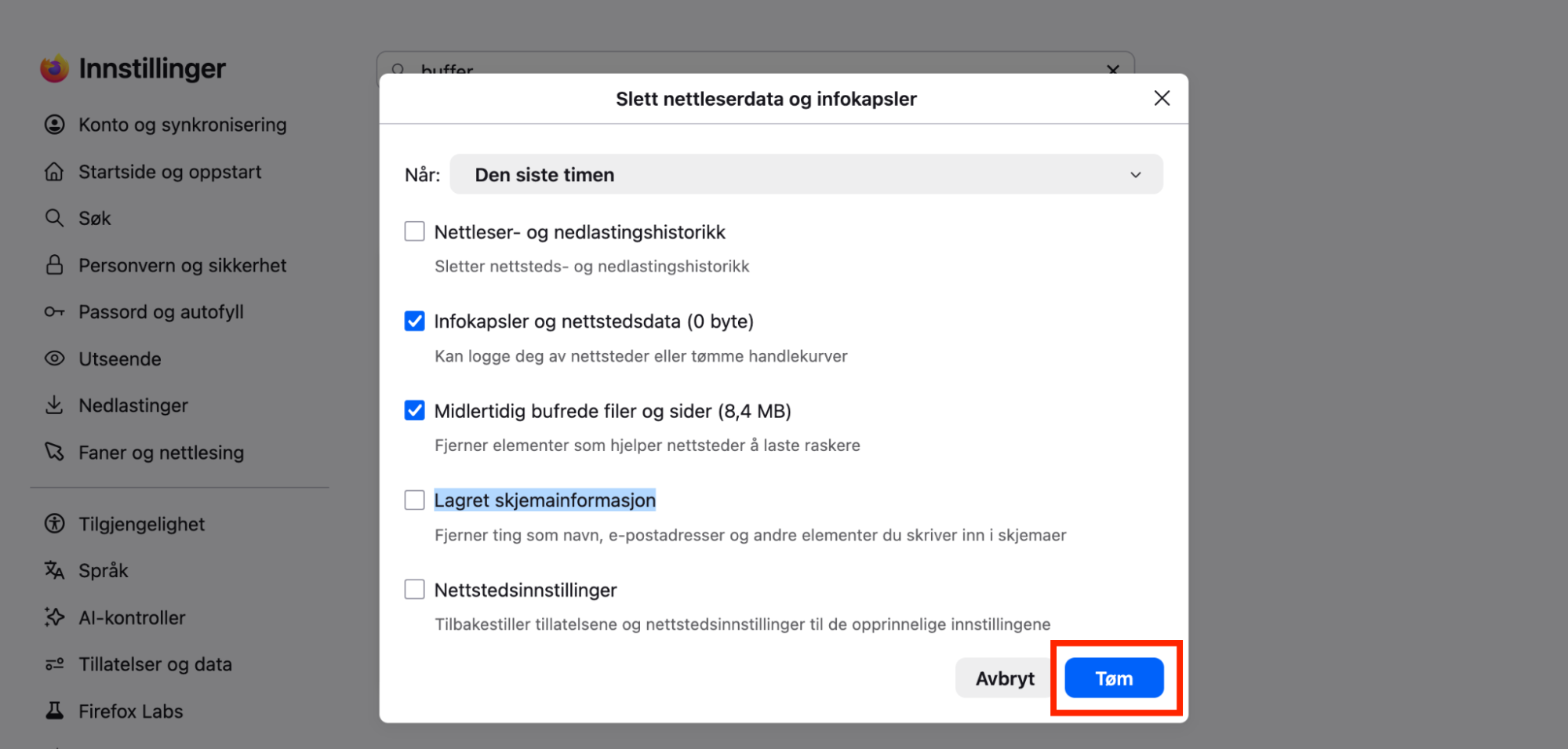 I popup-vinduet som åpnes, velger du dataene du vil fjerne, og bekrefter handlingen ved å klikke på knappen Tøm.