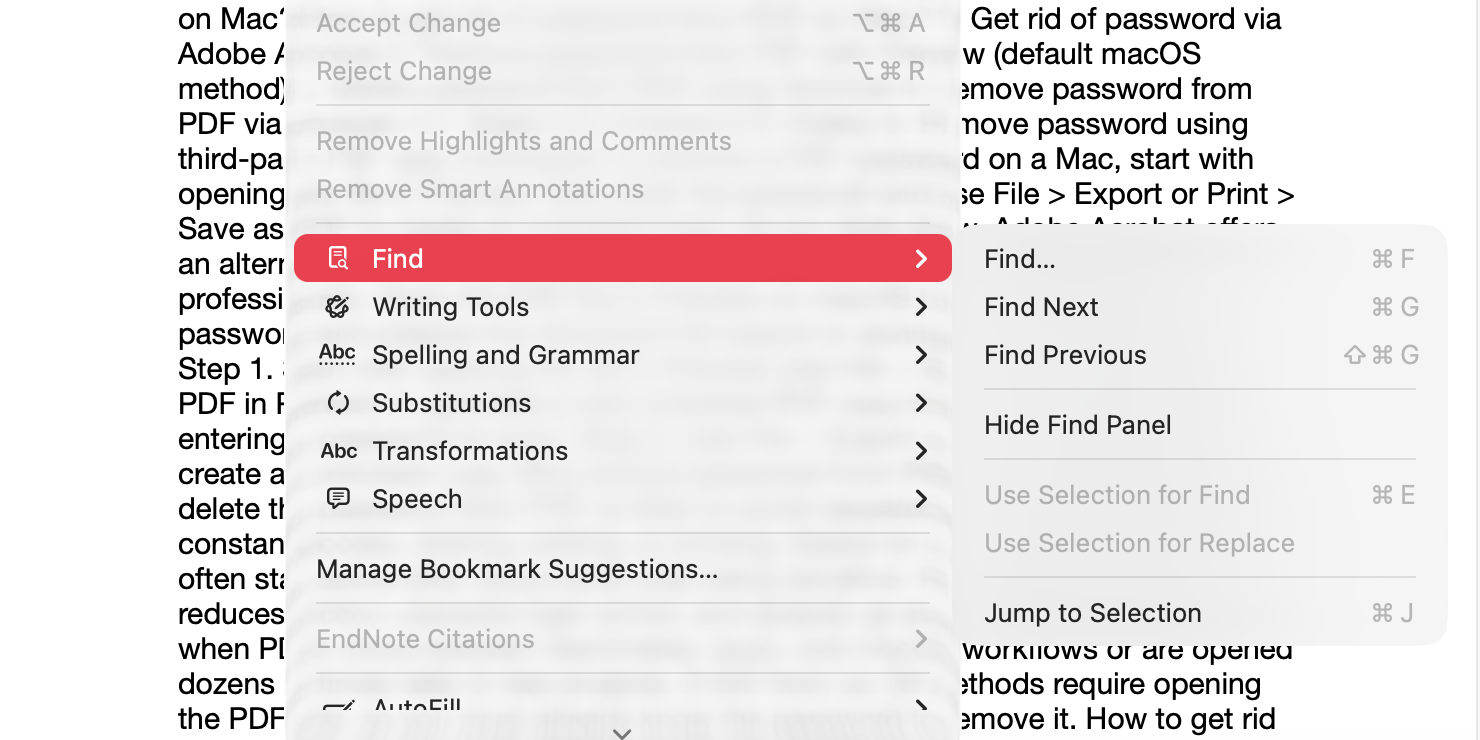 Although you'll find Edit > Find in most apps, the menu options may be different. In Apple Pages, the submenu results are slightly different to Microsoft Word, but the main functions work the same way.