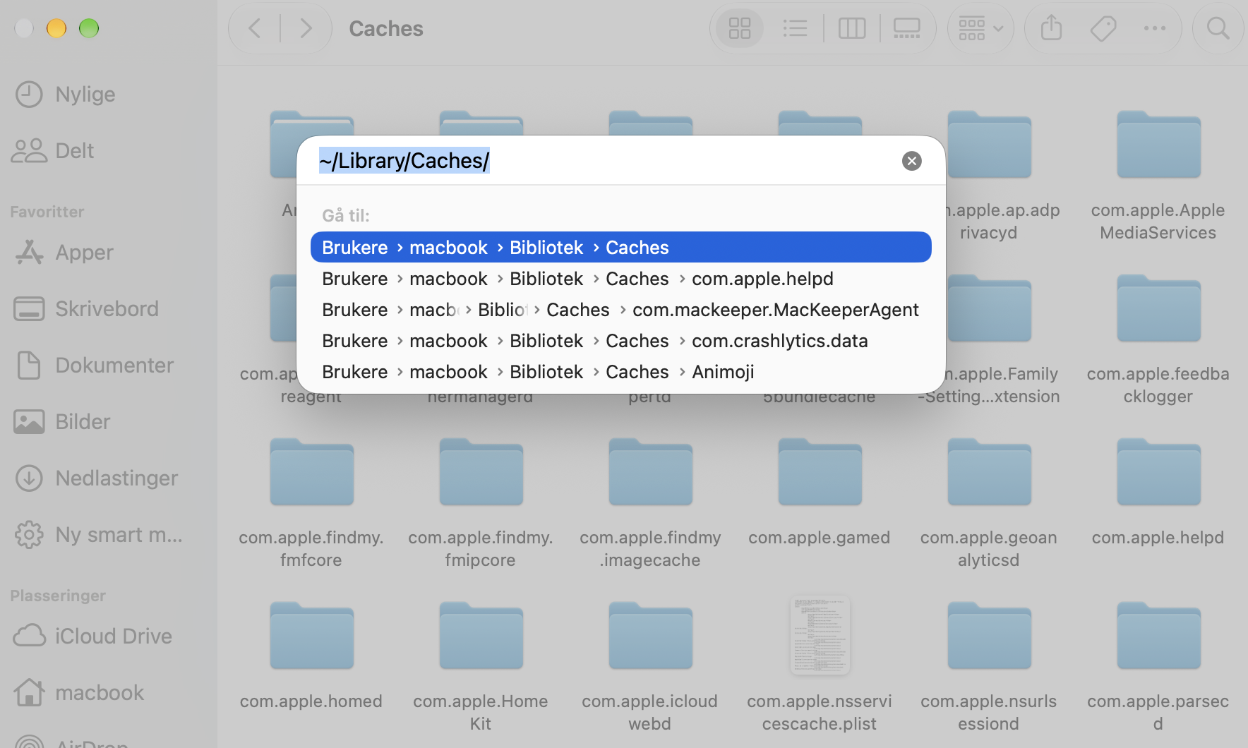 Vinduet Gå til mappe i Finder på Mac. Hvis oppstartsdisken på Macen er full, kan du bruke Finder til å fjerne gamle systemlogger og frigjøre plass.