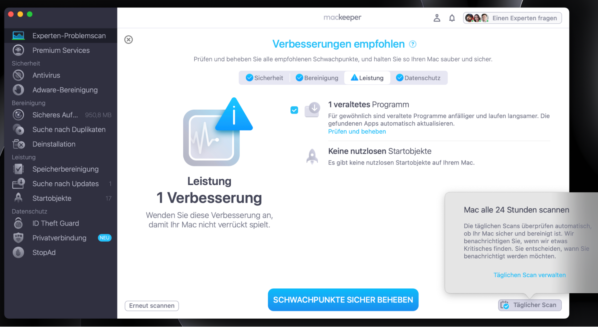 Um die Leistung Ihres Mac aufrechtzuerhalten, klicken Sie auf Täglicher Scan, um Ihren Mac alle 24 Stunden auf potenzielle Probleme zu überprüfen.