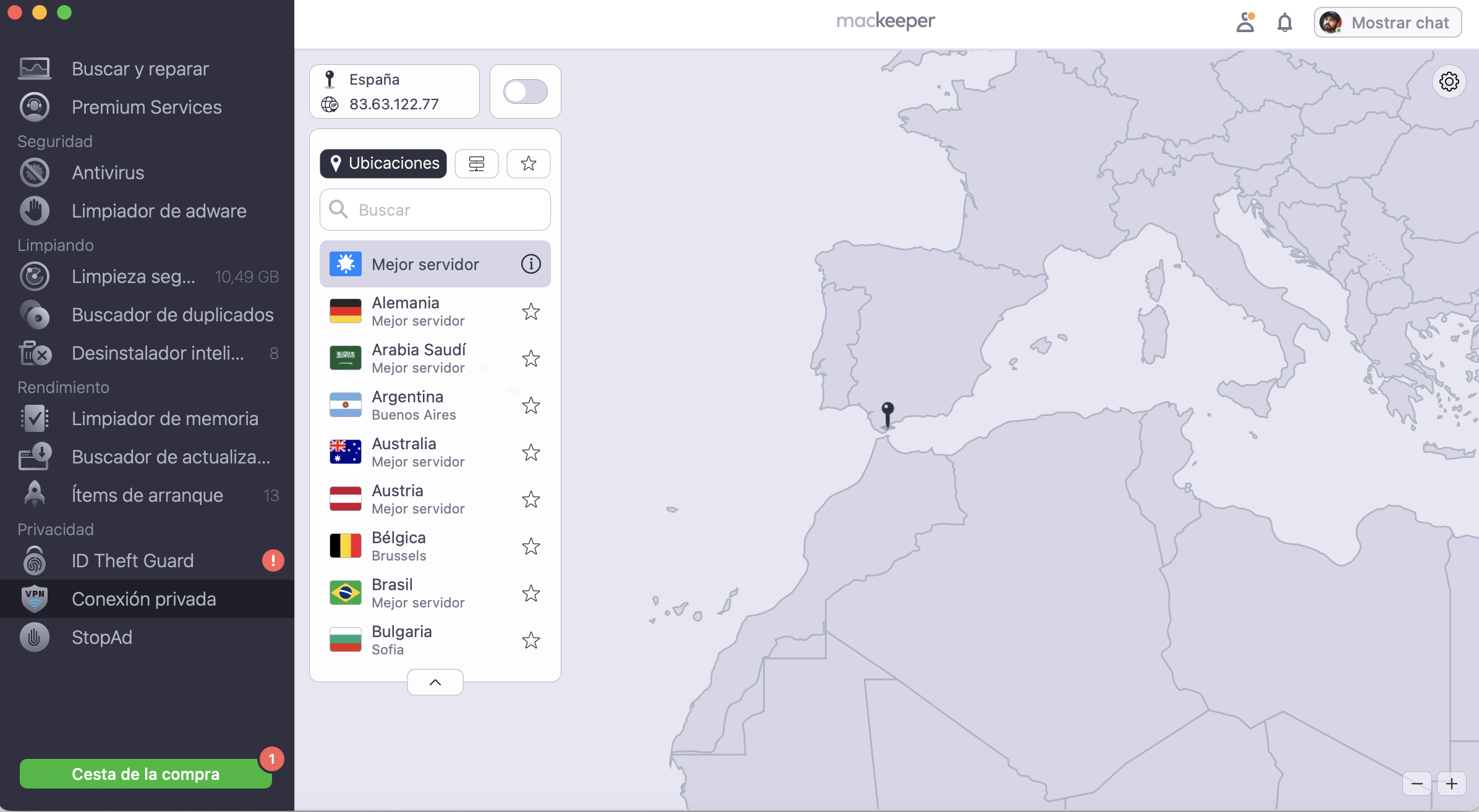 Para usar la VPN mientras navegas por Internet, abre MacKeeper y selecciona Conexión privada en la barra de herramientas. Selecciona la ubicación del servidor o la automática y haz clic en Activar.