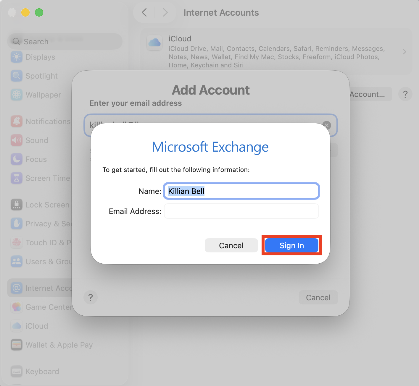 A sign in prompt for adding a new Internet Account on Mac. Enter your Exchange credentials and sign in to fix Exchange password required errors.
