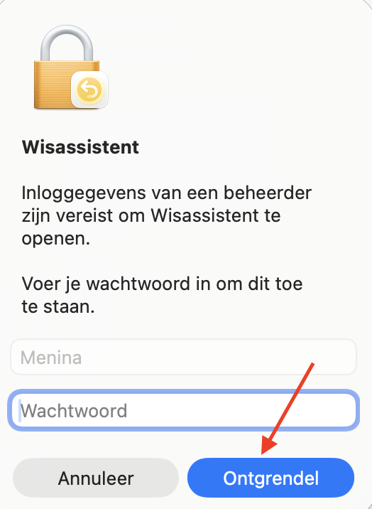 Wisassistent in de algemene instellingen van de Mac vraagt gebruikers hun wachtwoord in te voeren voordat ze hun MacBook kunnen terugzetten naar de fabrieksinstellingen.
