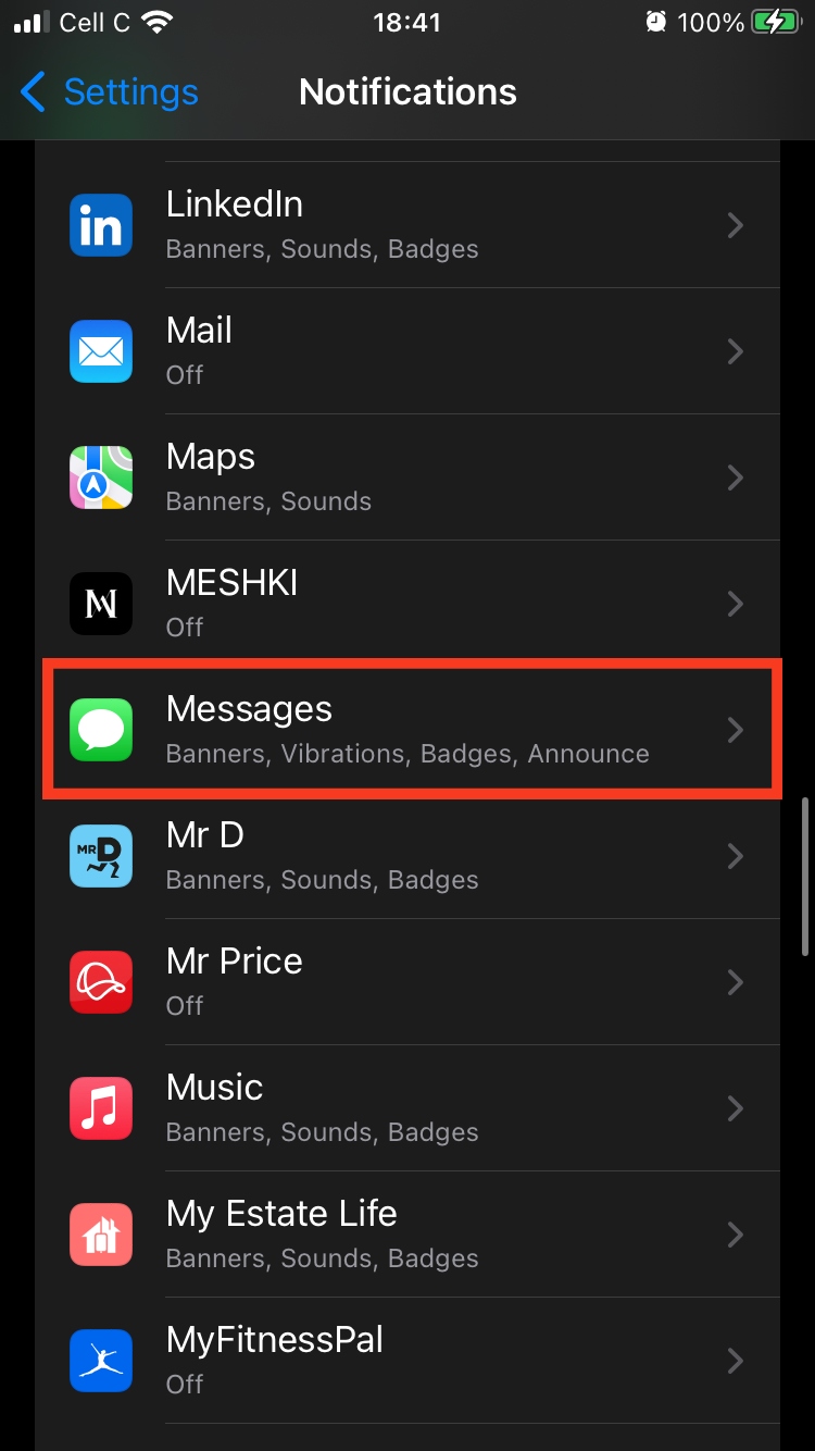 Notification settings for iPhone apps are opened in the Settings app. Scroll down and select Messages to mute messages and chats.