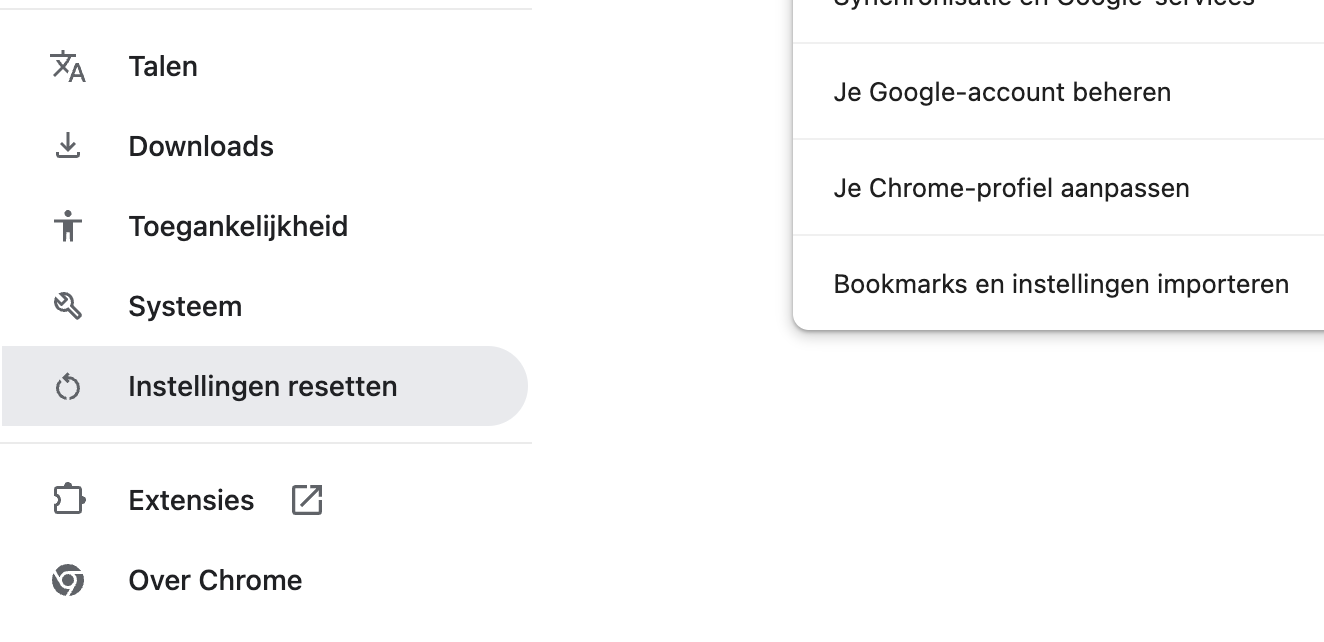 Om Google Chrome op je Mac terug te zetten naar de standaardinstellingen, ga je naar de instellingen en kies je ‘Instellingen resetten’.