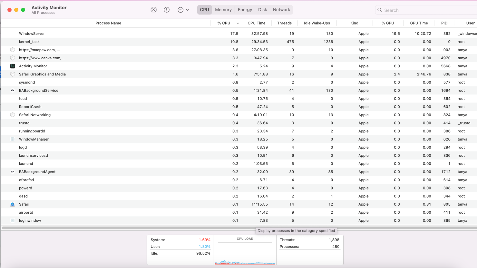 Click on the CPU tab in the middle of the screen and cross-check if any of your audio apps are demanding high CPU usage.