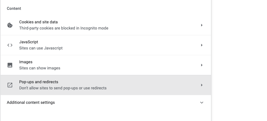 Pop-up settings in Chrome.