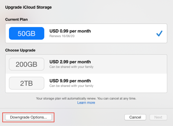 upgrade icloud storage with downgrade options highlighted upgrade icloud storage with downgrade options highlighted