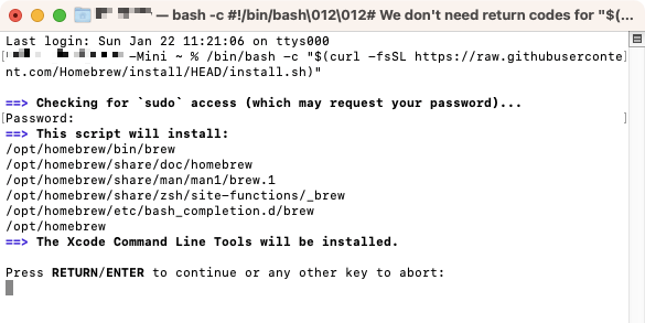 Press Return to confirm the Homebrew installation, and wait for it to finish
