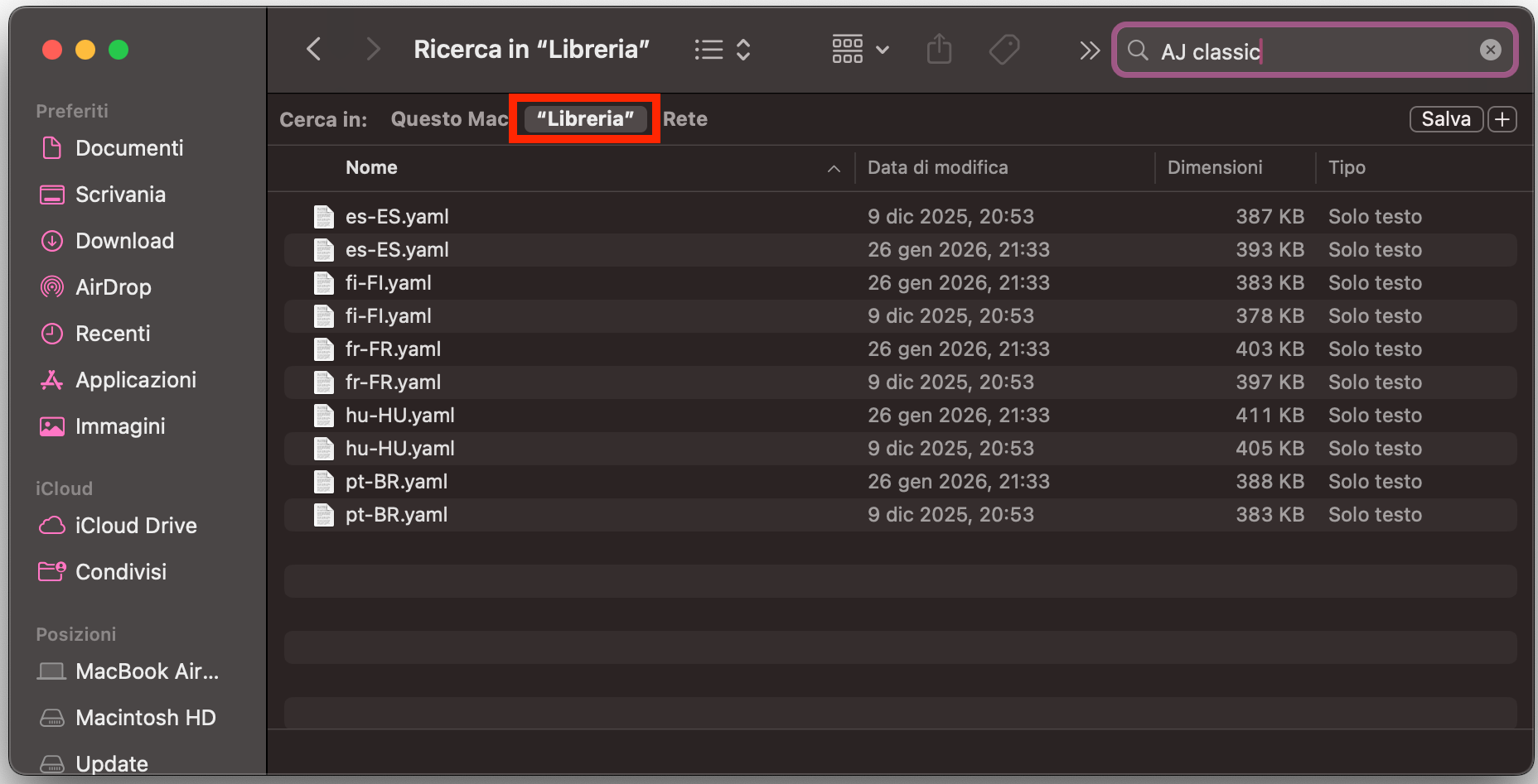 Cartella Libreria aperta: è evidenziato il percorso della posizione selezionata per la ricerca. Assicurati che la ricerca avvenga nella Libreria per trovare anche i file nascosti.