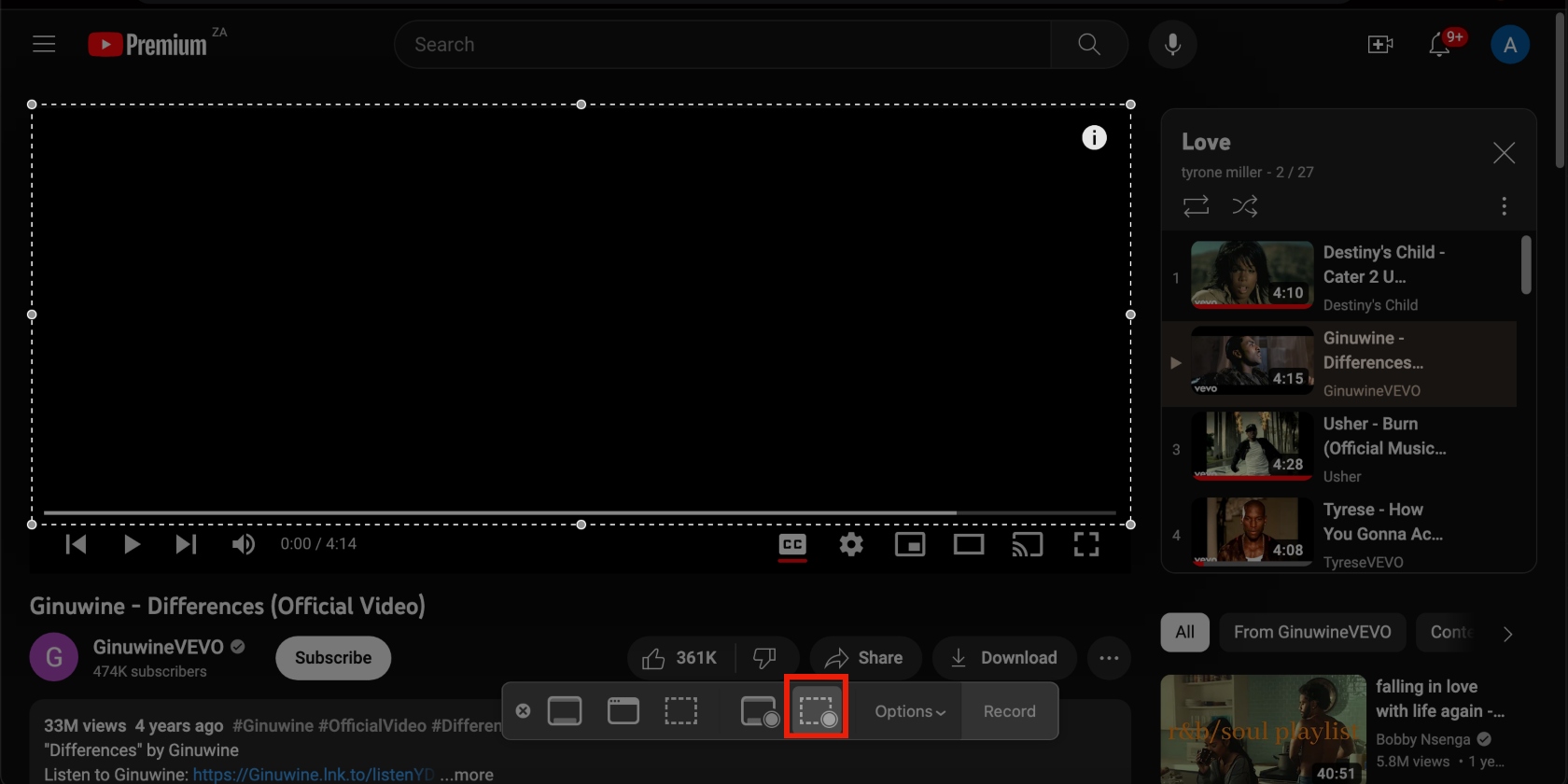 recording a portion of a YouTube video using Mac's screen capture tool. The user has pressed the Command + Shift + 5 keys to bring up the screen-recording tool on a Mac device.