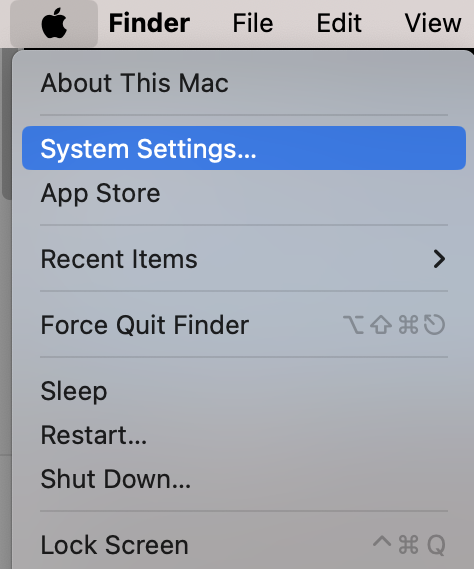 The Apple menu, open with System Settings highlighted. How to block push notifications, one step in a guide on how to stop fake McAfee pop-ups on Mac.
