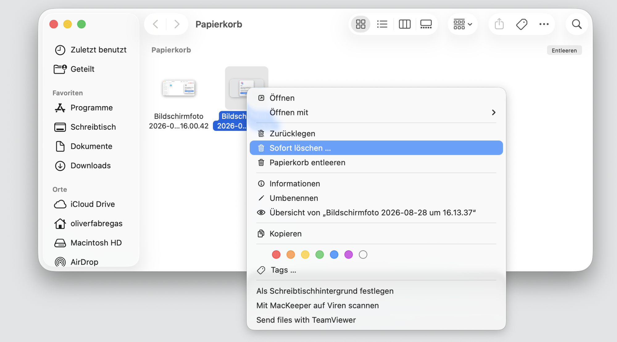 Sollte sich der Papierkorb auf Ihrem Mac weiterhin nicht leeren lassen, suchen Sie die betreffende Datei und klicken Sie auf Sofort löschen.