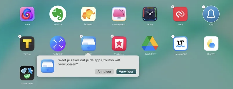 Een pop-upvenster in het geopende Launchpad-venster om apps te verwijderen.