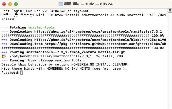 Enter a password to install Smartmontools.