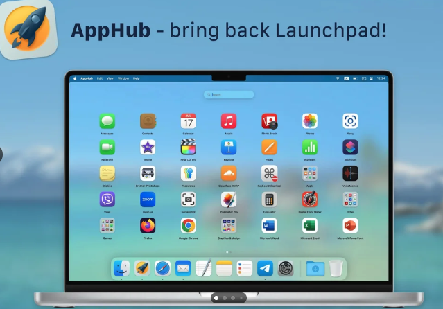 The AppHub promo showing a MacBook with a full Launchpad-style grid, a third-party app that brings Launchpad back to macOS Tahoe.