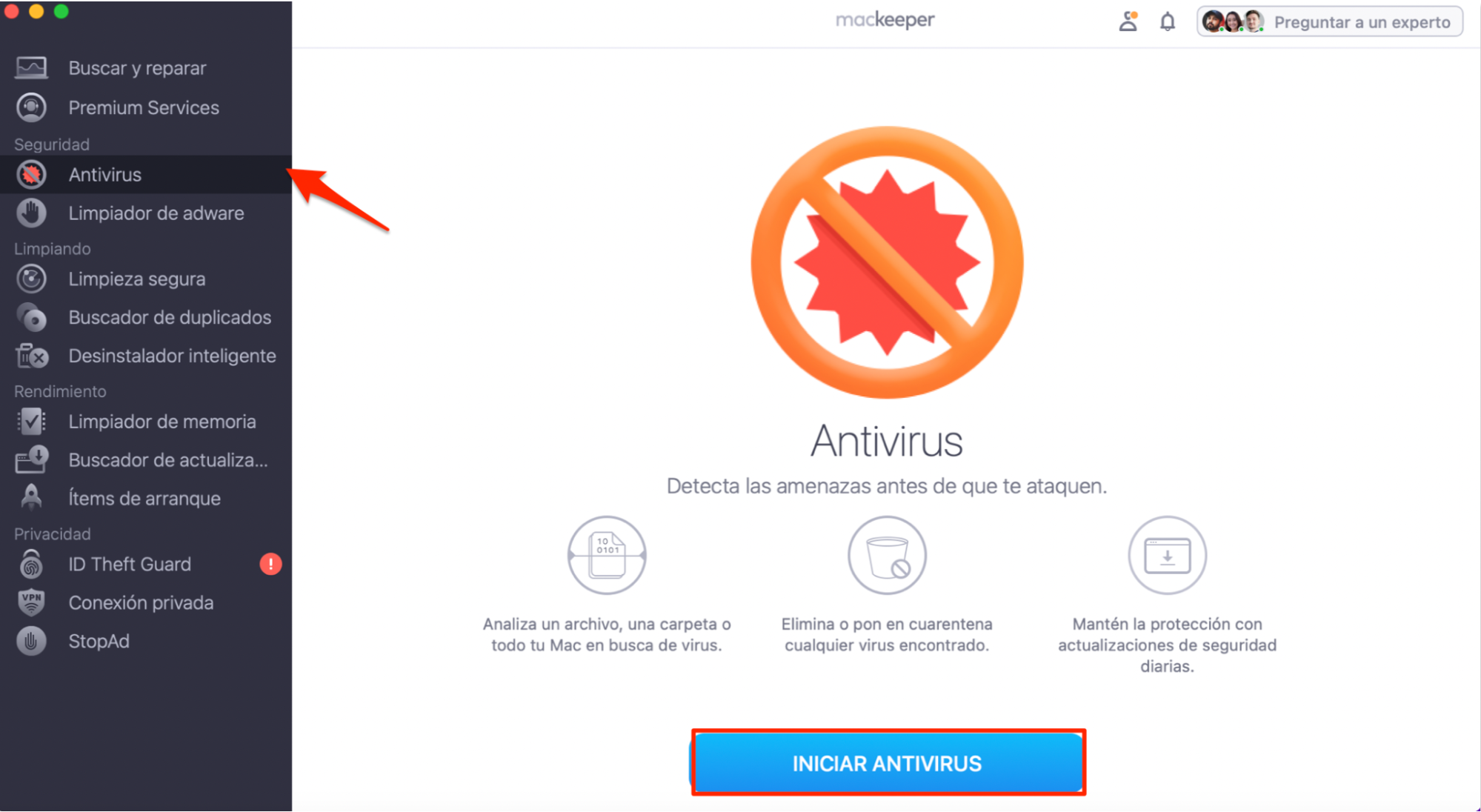 La herramienta Antivirus de MacKeeper para Mac. Haz clic en Iniciar Antivirus para eliminar cualquier rastro de malware de tu ordenador.
