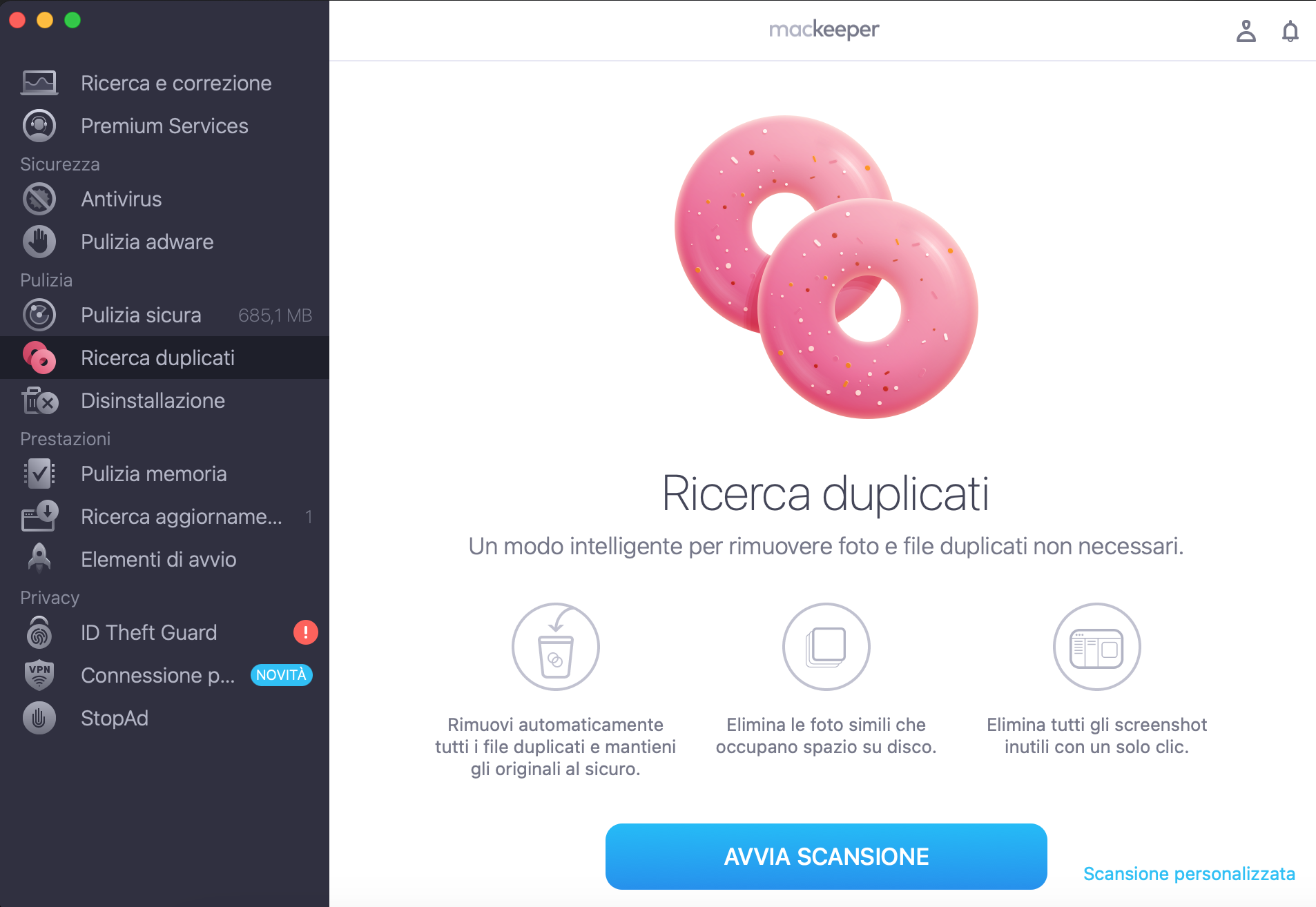 Per rimuovere i duplicati dal tuo Mac e risparmiare spazio libero, esegui MacKeeper e seleziona Avvia scansione.