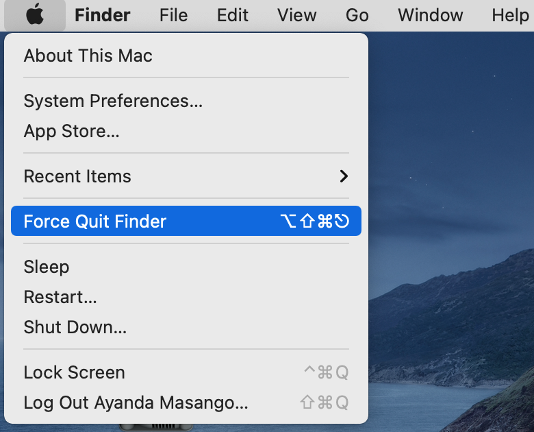 The Apple menu is opened on a Mac. Click on Force Quit Finder to close Chrome with force quit Finder via the Apple menu.