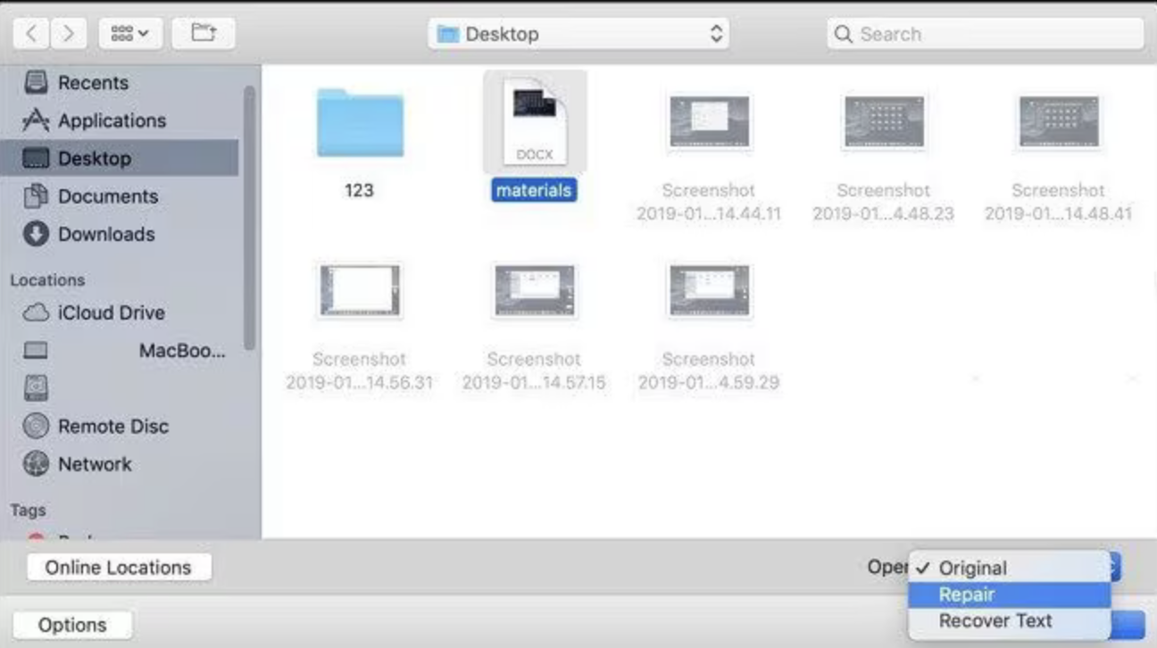 If you suspect a document file in Word is causing your issues when trying to open it, open Word and look for your document. Highlight it and instead of clicking Open, select Repair and then OK.