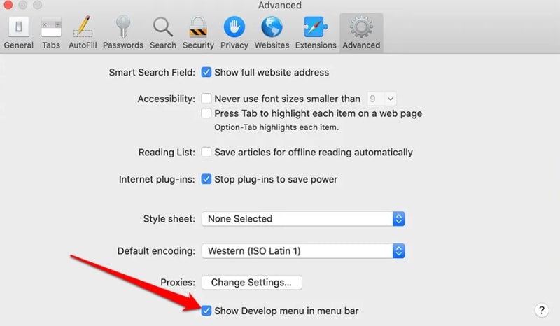 safari preferences advanced tab