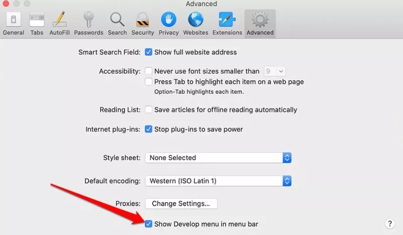 safari preferences advanced tab