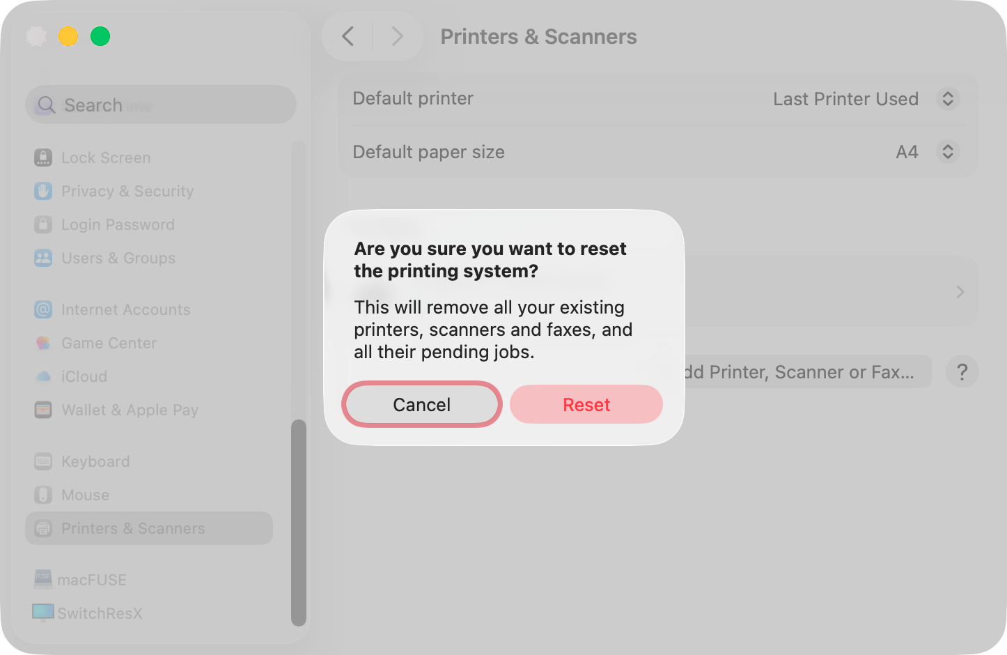 You'll see a message about what resetting the printing system will do (removing all printers, scanners, and faxes). If you're happy to proceed, click the 'Reset' button.
