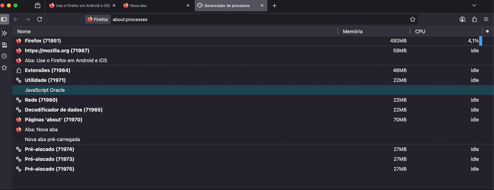 Analise a lista de processos atualmente em execução no Firefox. Você pode ordená-los por uso de Memória ou CPU e, em seguida, fechar aqueles que estão deixando seu Mac mais lento.