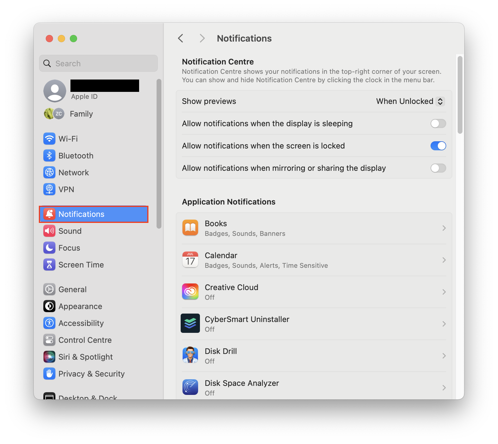 Apple’s System Settings, with the Notifications options open. How to turn off McAfee notifications on Mac, part of FAQ about fake McAfee pop-ups on Mac.