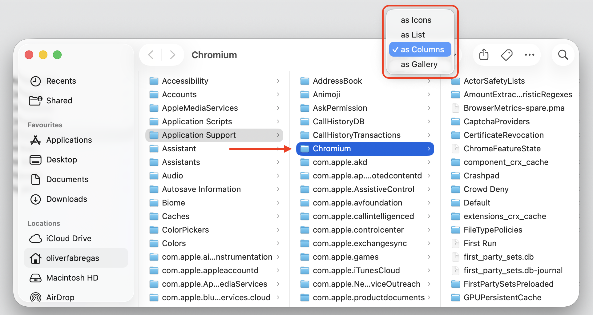 Finder column view on a MacBook, revealing the complete folder path to the Chromium files inside the Library directory on macOS.
