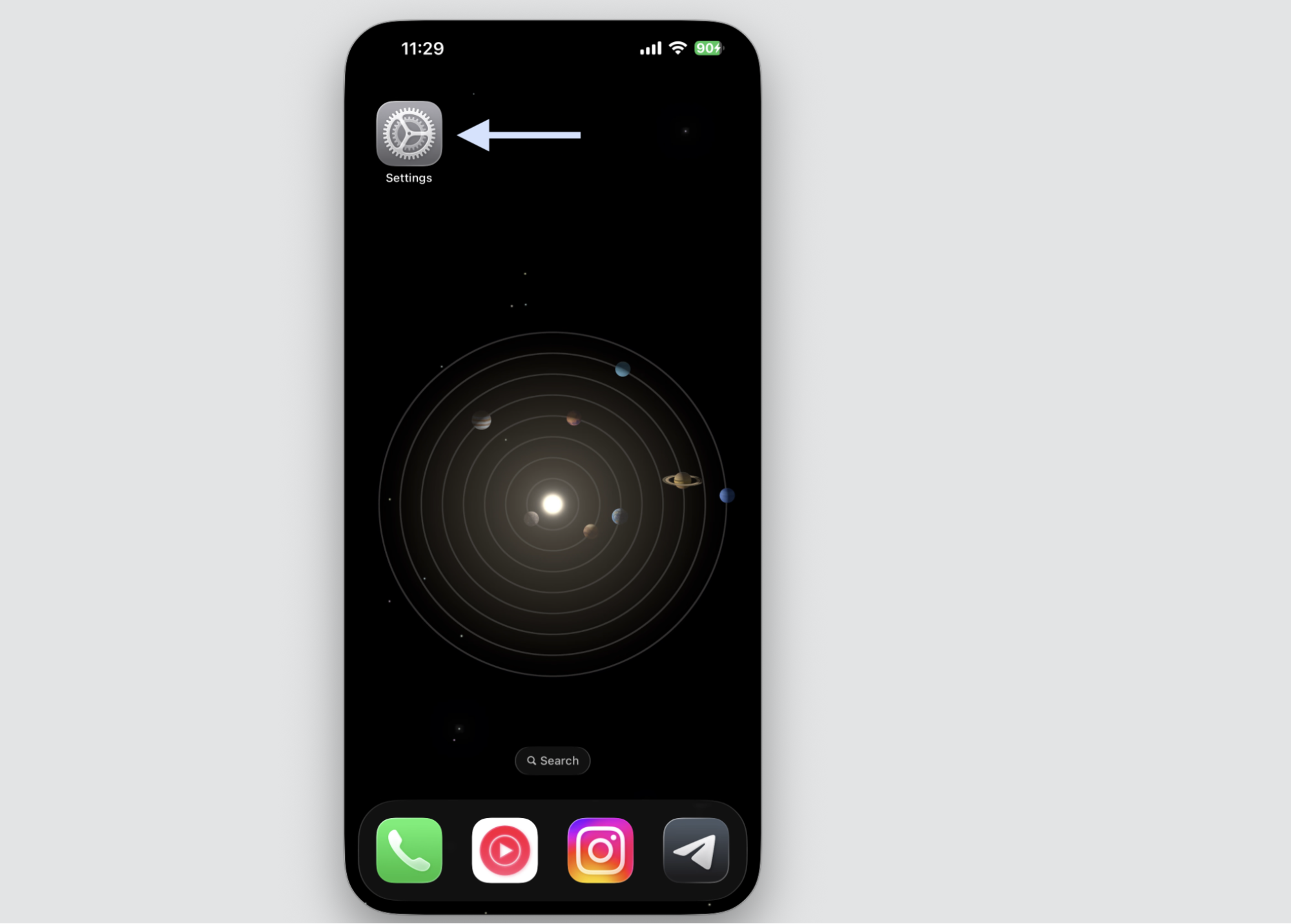 iPhone Home Screen with an arrow pointing to the Settings app icon, the first step to share iCloud storage with family on an Apple device.