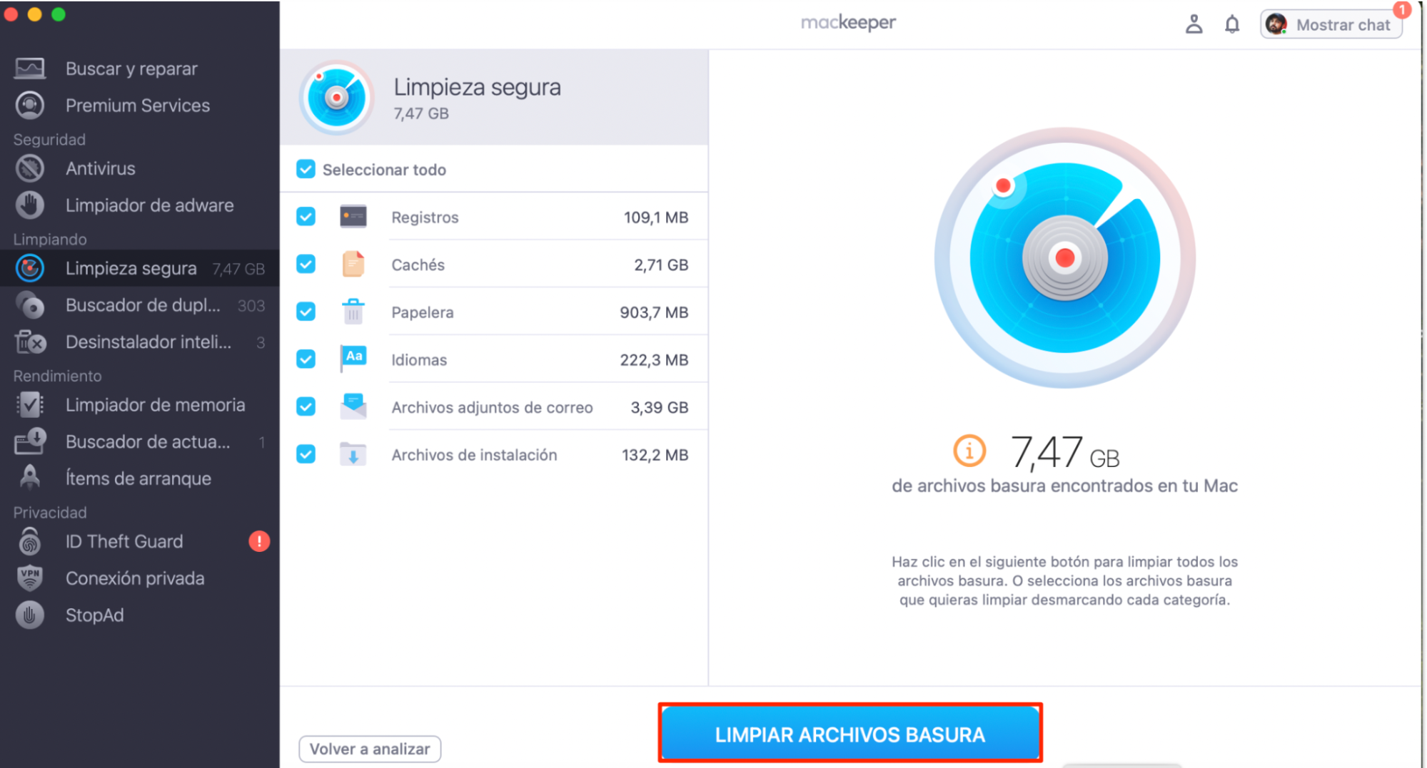Utiliza la Limpieza segura de MacKeeper para limpiar las cachés. Abre la aplicación, selecciona Limpieza segura y haz clic en Iniciar análisis. Utiliza la Limpieza segura de MacKeeper para limpiar las cachés. Abre la aplicación, selecciona Limpieza segura y haz clic en Iniciar análisis.