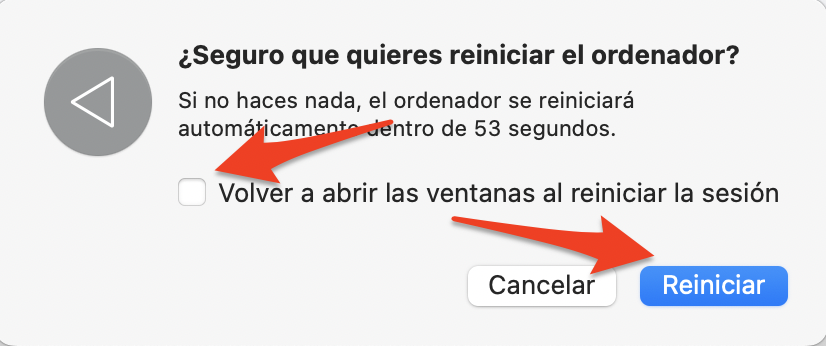 El mensaje de reinicio en macOS Monterey muestra la opción de volver a abrir las ventanas al volver a iniciar sesión. Selecciona tu preferencia y haz clic en Reiniciar.