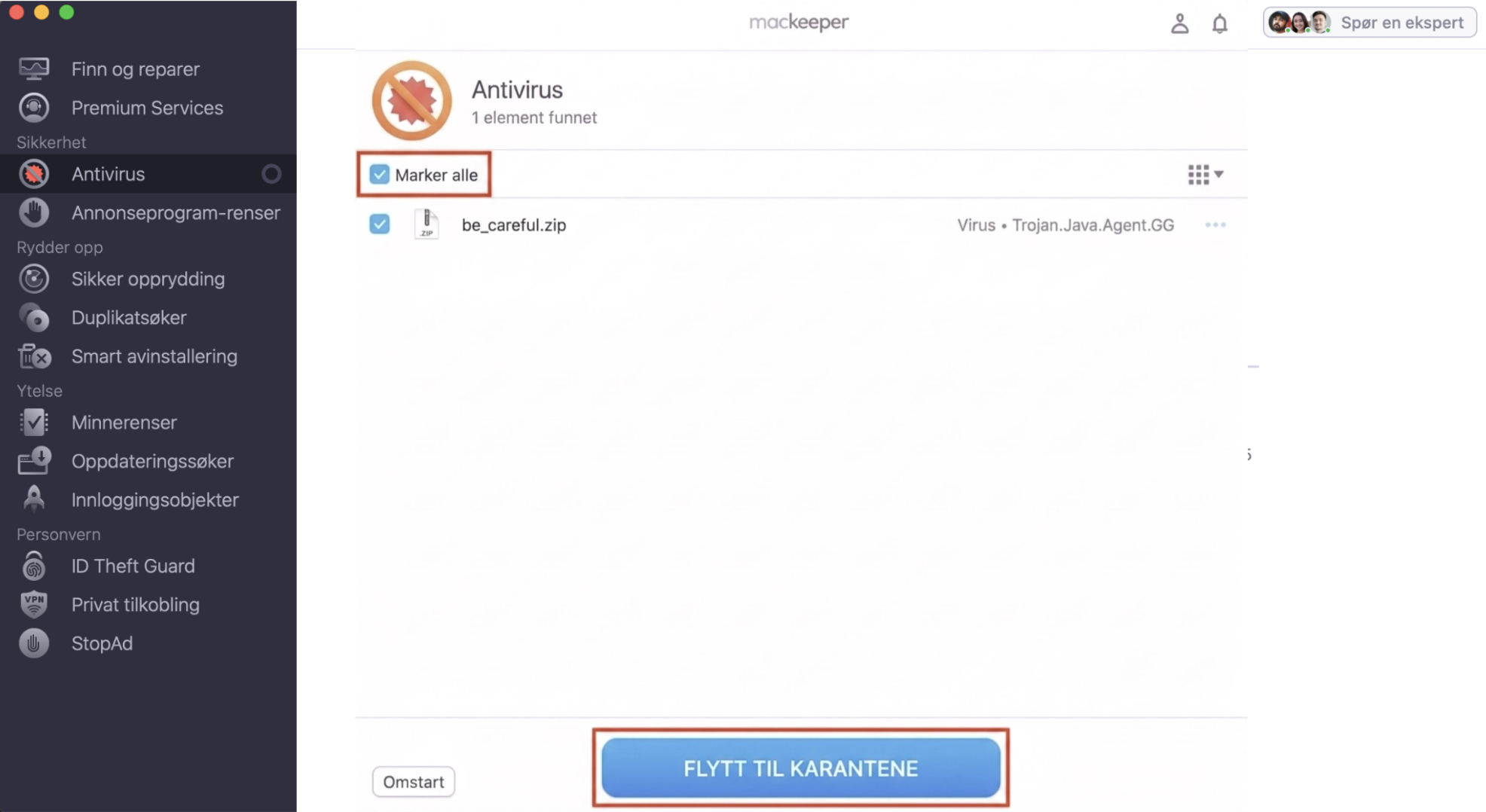 For å bli kvitt skadelig innhold fra Macen din med MacKeeper Antivirus-verktøyet merker du alle funnene trusler og flytter dem til karantene.