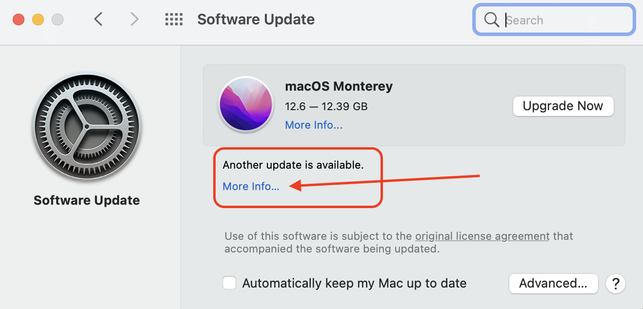 The Software Update app in System Preferences on Mac. When macOS Monterey cannot be installed on Macintosh HD, go to Software Update and click More Info to install other available macOS releases first.