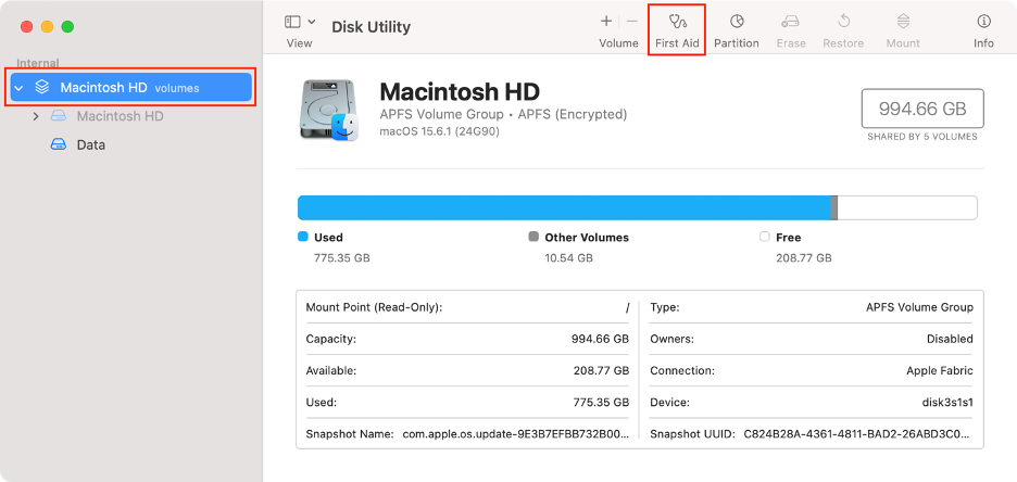 To find and fix any errors on your Mac that might be causing the AppSSOAgent and CPU issue, choose your internal disk and select the First Aid icon.